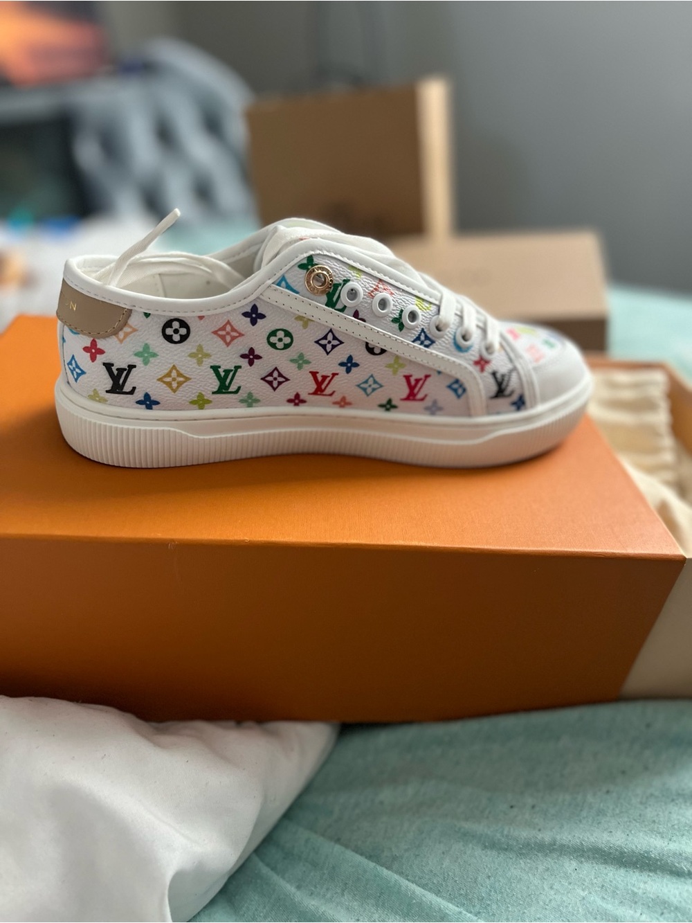 Louis Vuitton White Low-Top Sneaker with Multicolor Monogram Accents